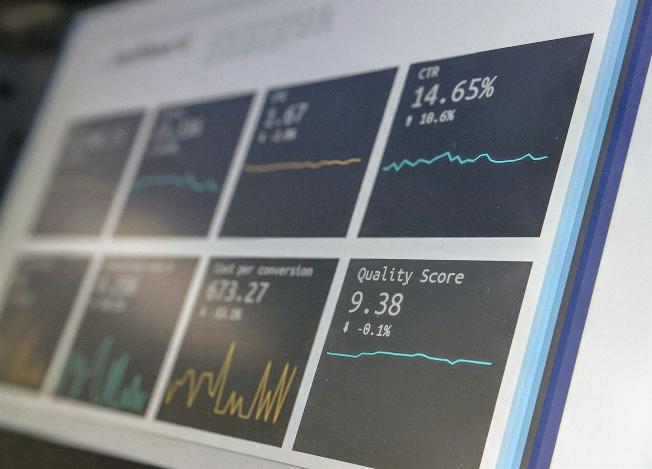 Analytics dashboard with KPI metrics on a monitor